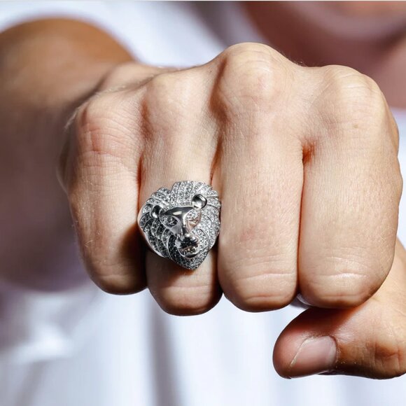Sterling Silver 925 Rhodium Plated Men's Lion CZ Ring - Picture 4 of 5